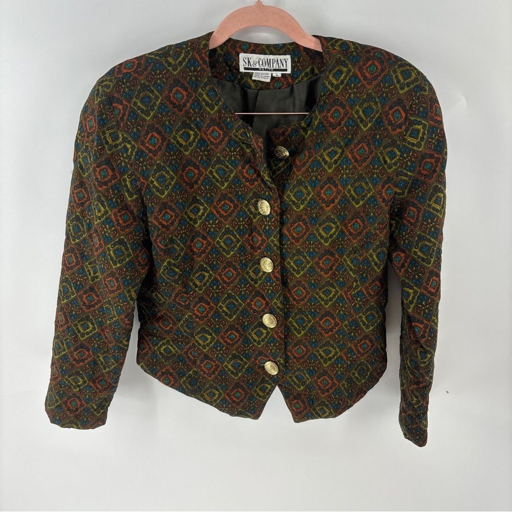 Vintage Brown and Green quilted Blazer with Geometric Pattern gold women’s 8